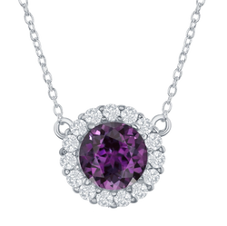Sterling Silver Round Center Amethyst w/ White Topaz Border Necklace