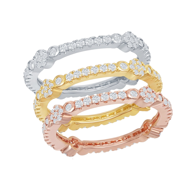 Sterling Silver Tri-Color CZ Designed Eternity Triple Band Ring