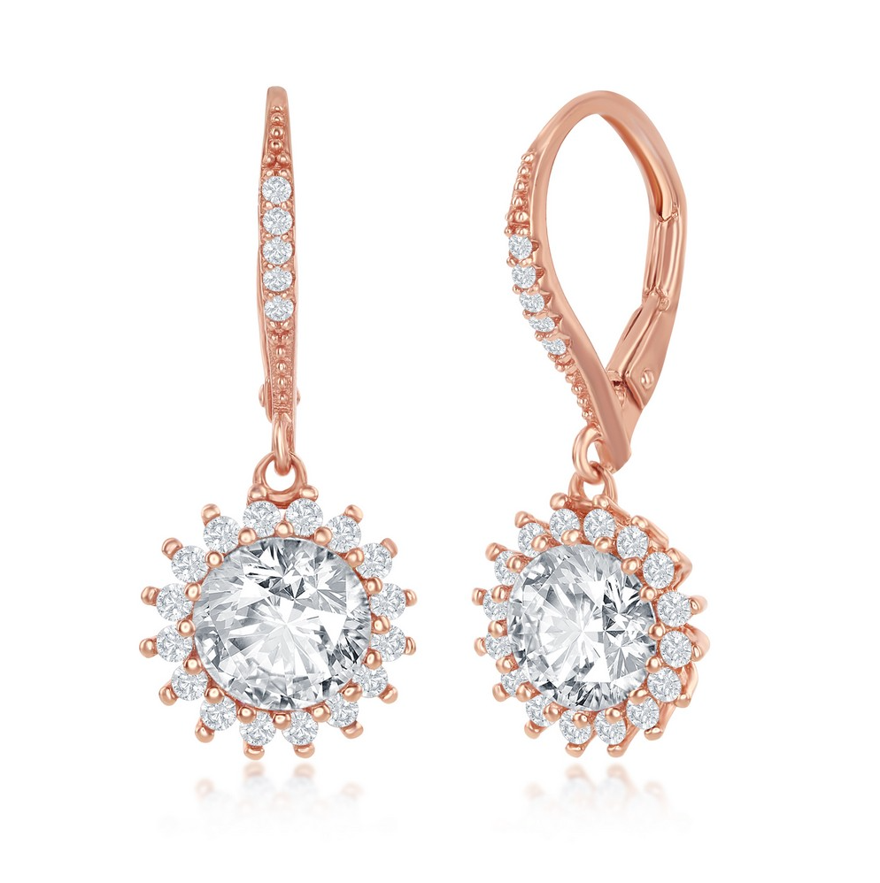 Sterling Silver Round Halo Flower CZ Dangling Earrings - Rose Gold Plated