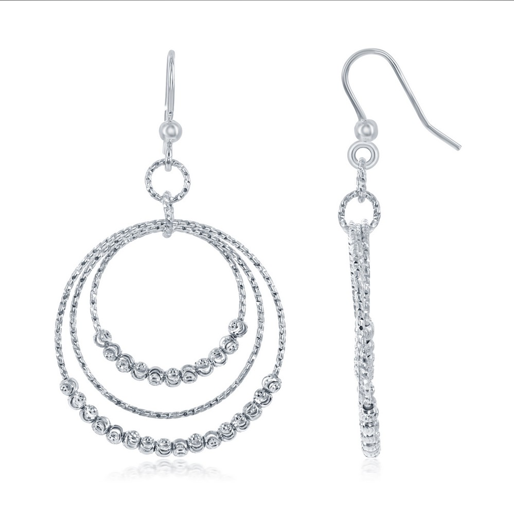 Sterling Silver Triple Circle w/ Diamond Moon Cut Beads Earrings