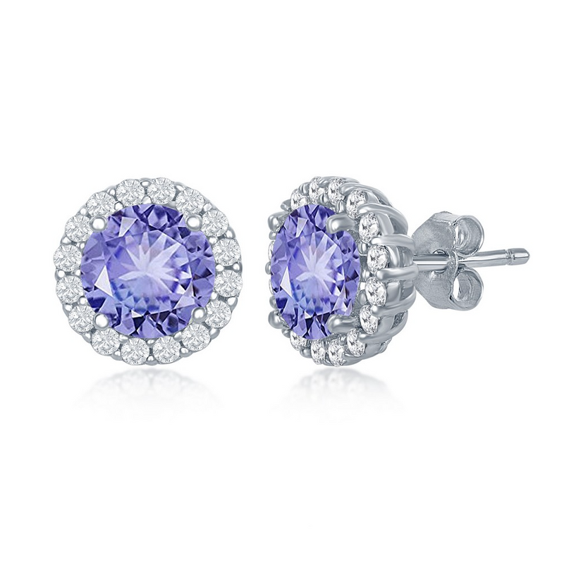 Sterling Silver Prong Round Tanzanite CZ w/ Clear CZ Border Stud Earrings