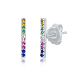 Sterling Silver Rainbow CZ Bar Stud Earrings