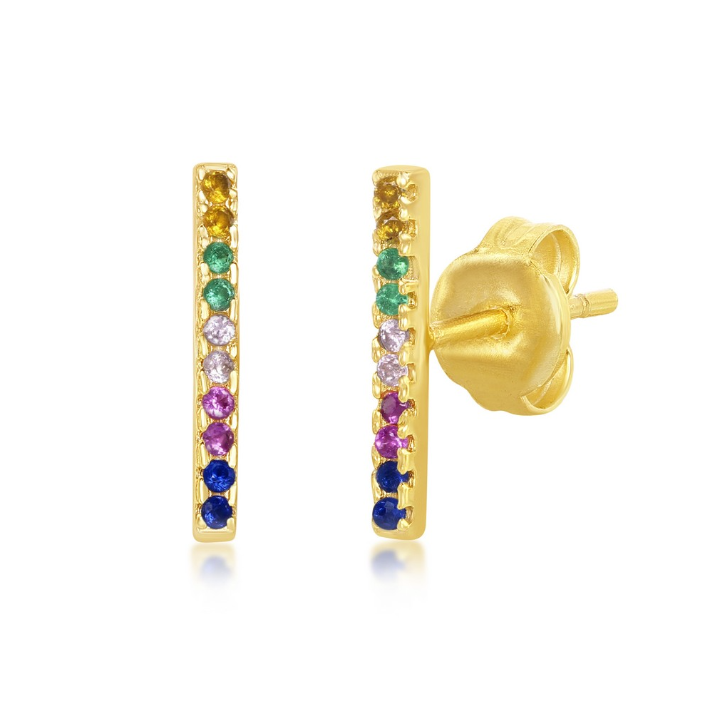 Sterling Silver Gold Plated Rainbow CZ Bar Stud Earrings