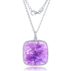 Sterling Silver Large Square Amethyst Pendant w/ Chain