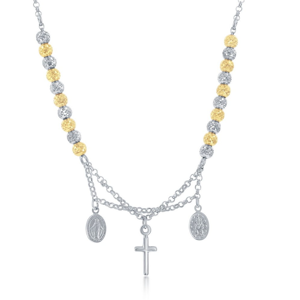 Sterling Silver GP and Silver Diamond Cut Beads w/ Cross and Medal Necklace