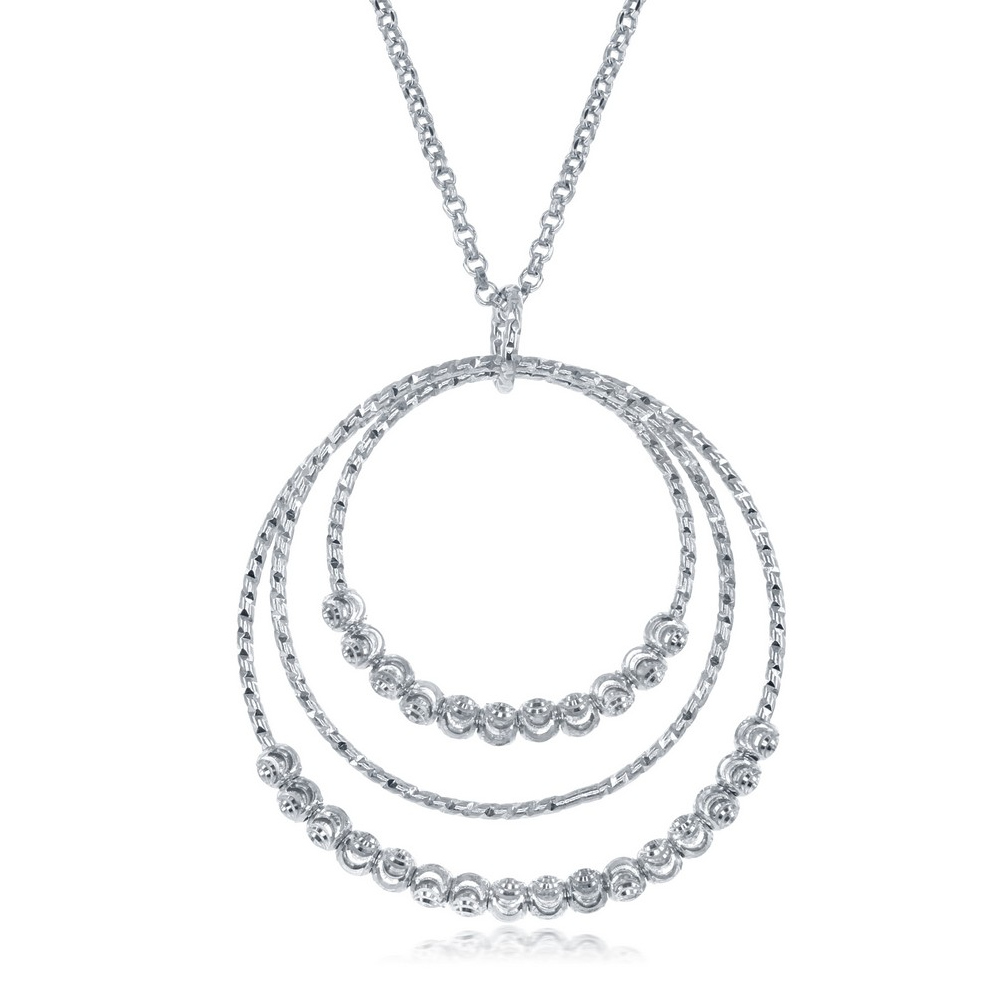 Sterling Silver Triple Circle with Diamond Moon Cut Beads Necklace