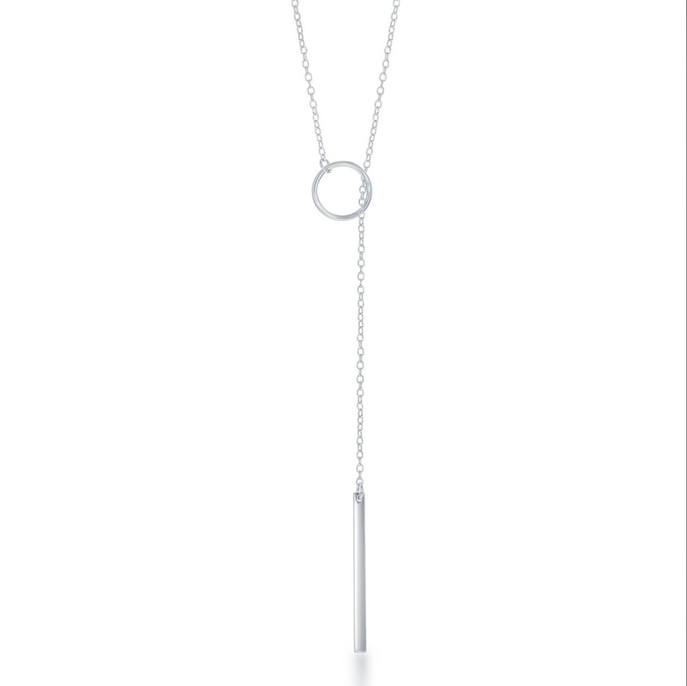 Sterling Silver Open Circle w/ Vertical Hanging Bar Lariat Necklace