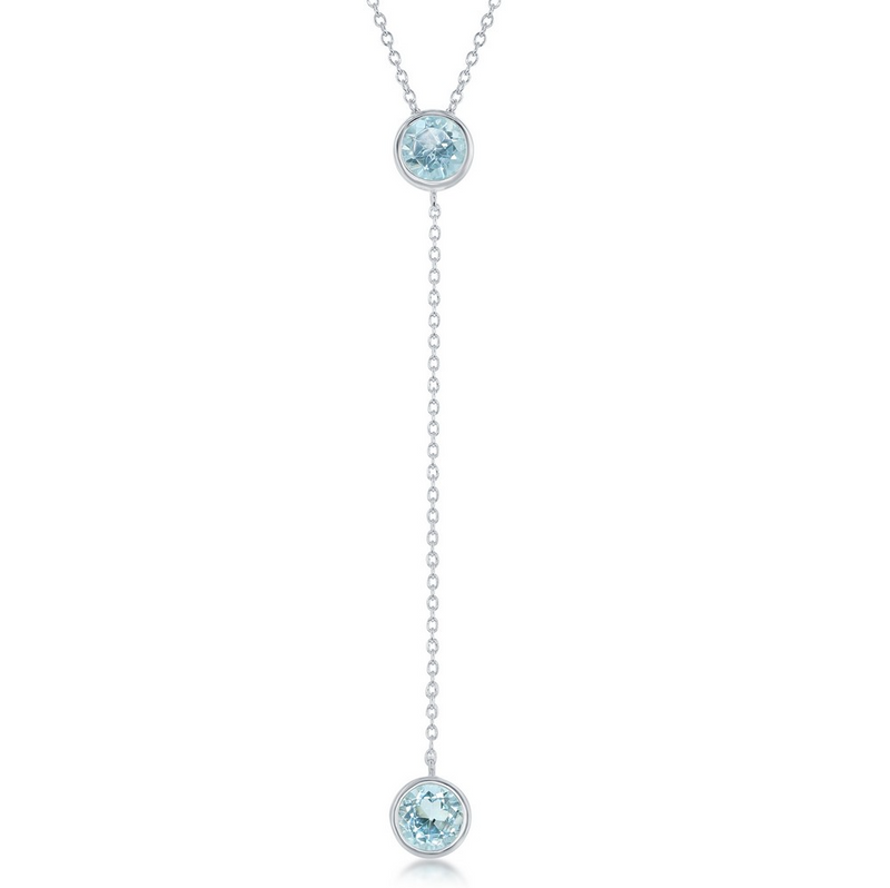 Sterling Silver Round Blue Topaz w/ Long Hanging Chain & Round Blue Topaz Necklace