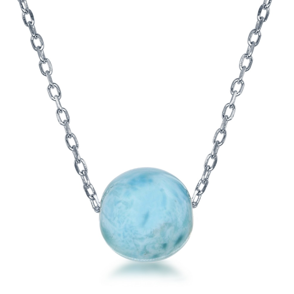 Sterling Silver 8mm Larimar Bead Necklace