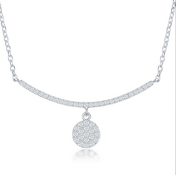 Sterling Silver CZ Curved Bar w/ Dangling Disc Necklace