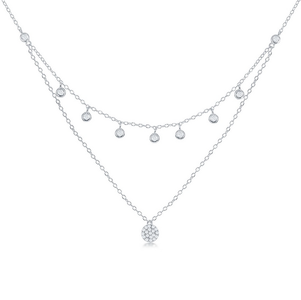 Sterling Silver Double Strand w/ Micro Pave Disc Necklace |  M-5833