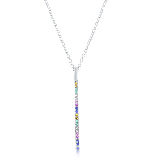 Sterling Silver Rainbow CZ Vertical Bar Necklace