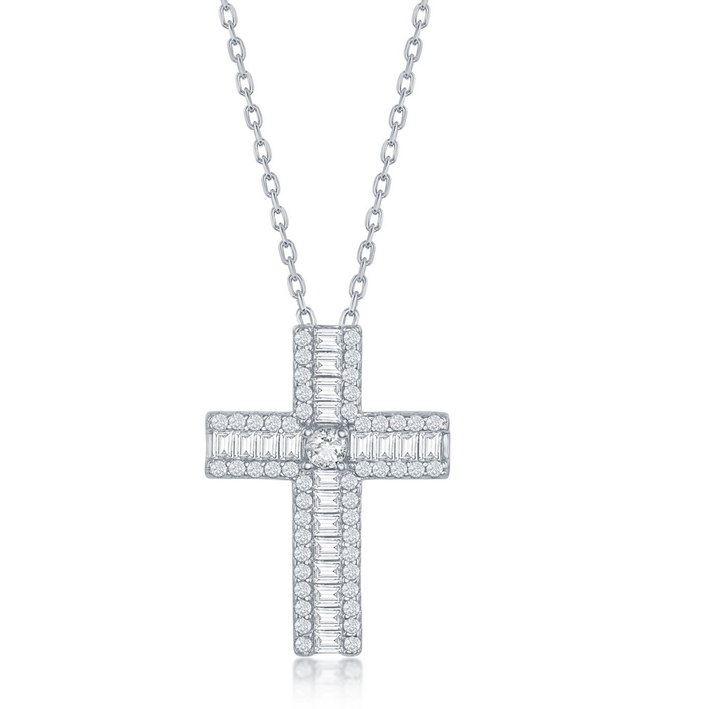 Sterling Silver Baguette CZ Cross Necklace