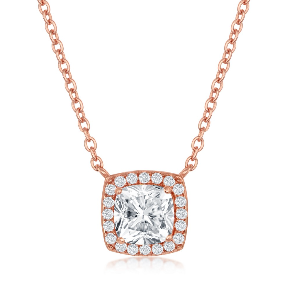 Sterling Silver Cushion-Cut w/ CZ Border Necklace - Rose Gold Plated