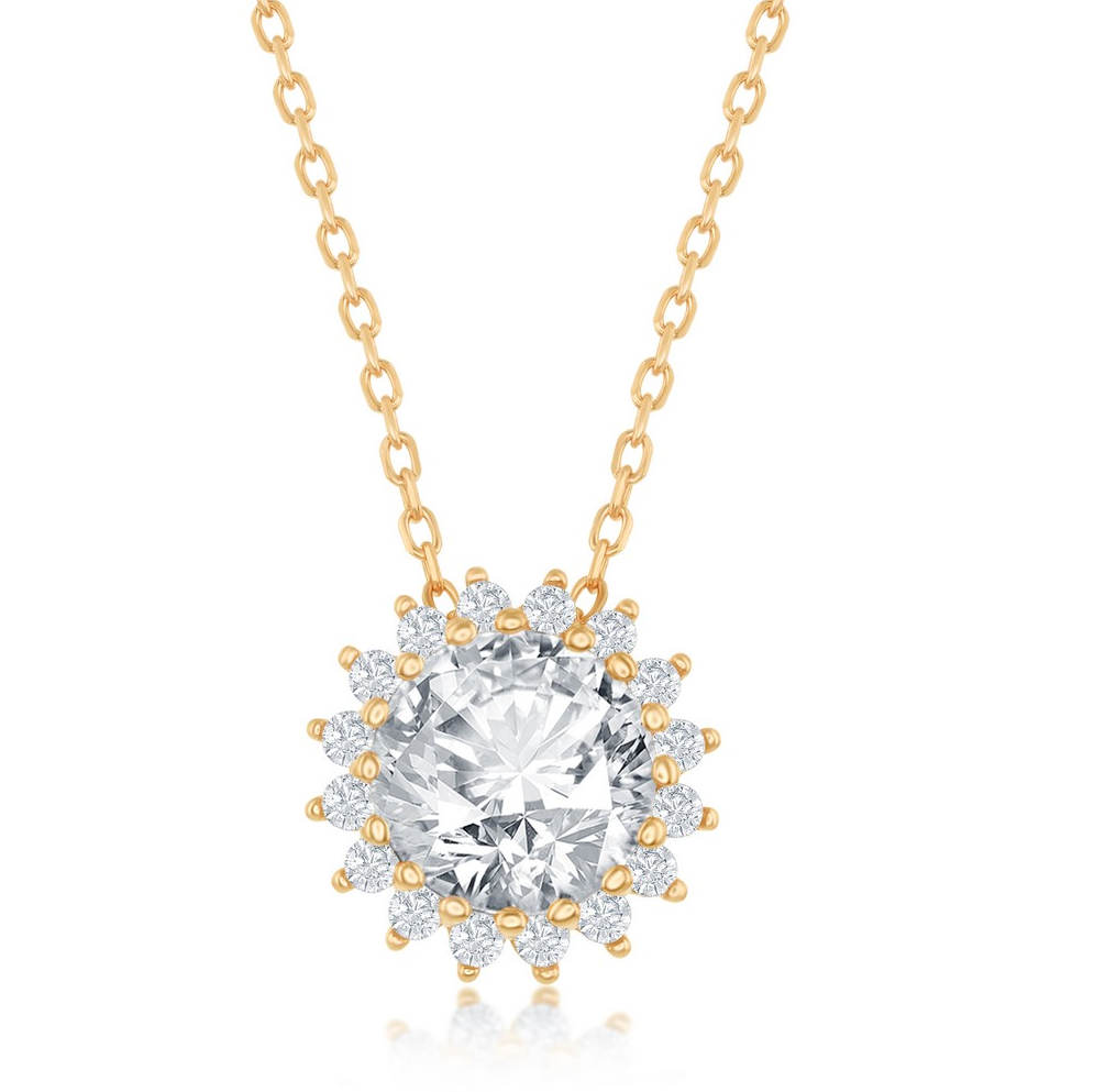 Sterling Silver Round Halo Flower CZ Necklace - Gold Plated