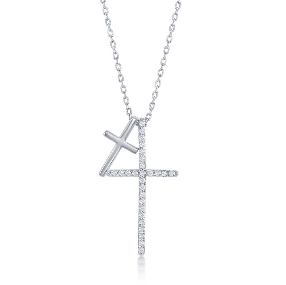 Sterling Silver Double Cross CZ Necklace