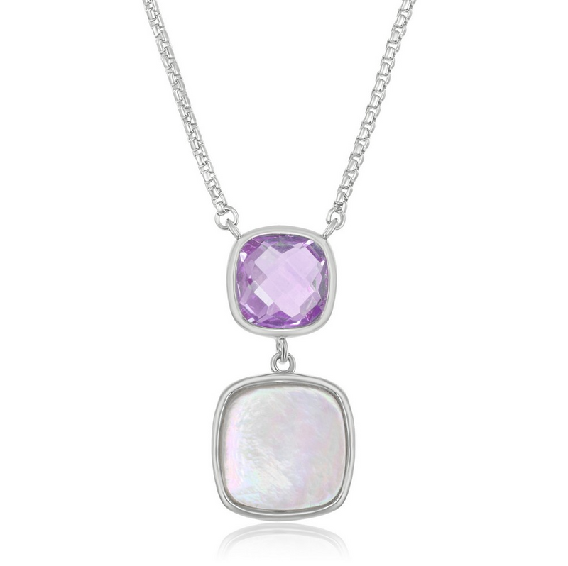 Sterling Silver Double Square Amethyst & Mother of Pearl Necklace