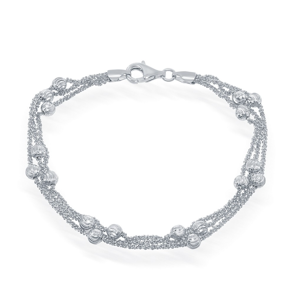 Sterling Silver Diamond Cut Beads Triple Strand Bracelet