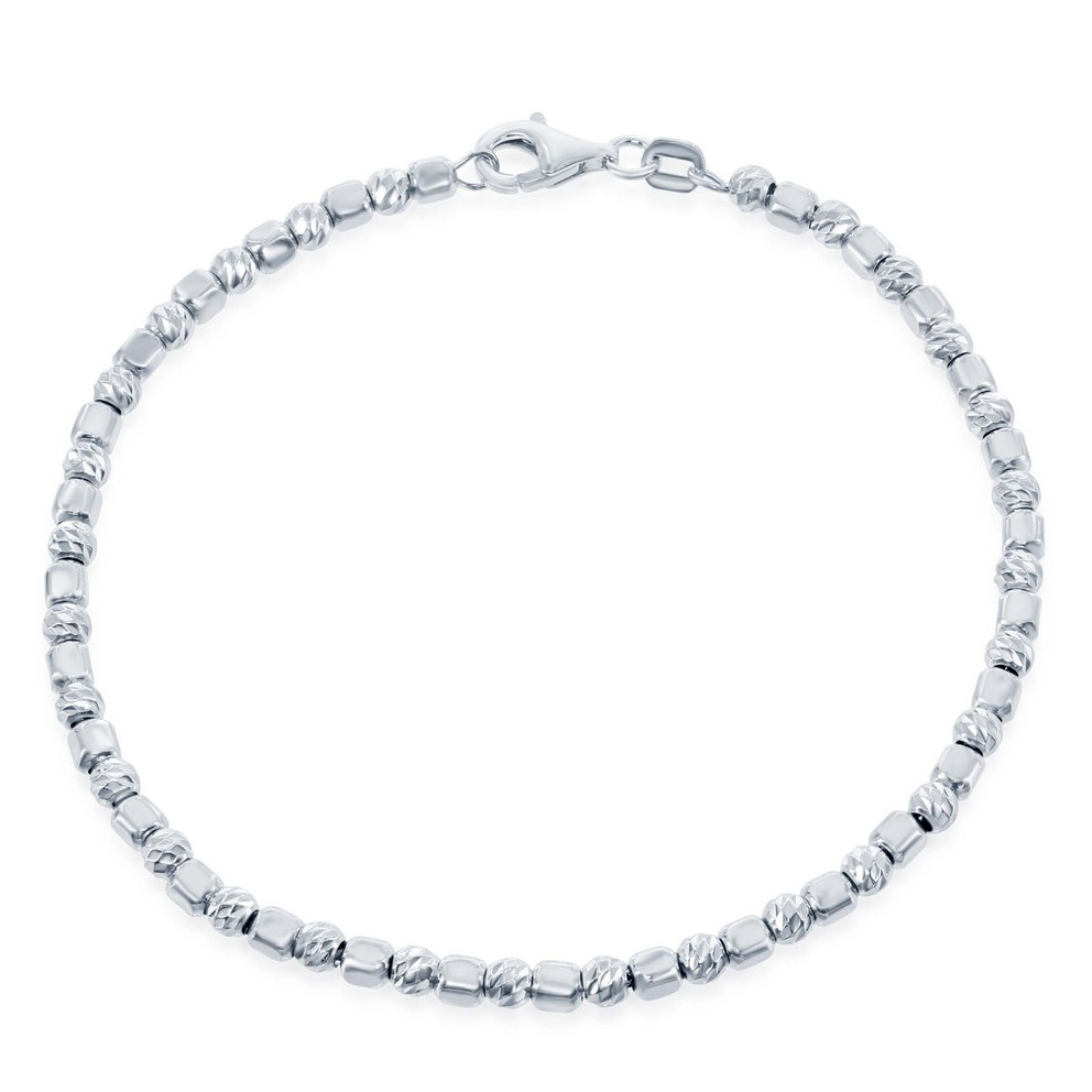 Sterling Silver Alternating Square Bead w/ Diamond Chevron Cut Beads Bracelet