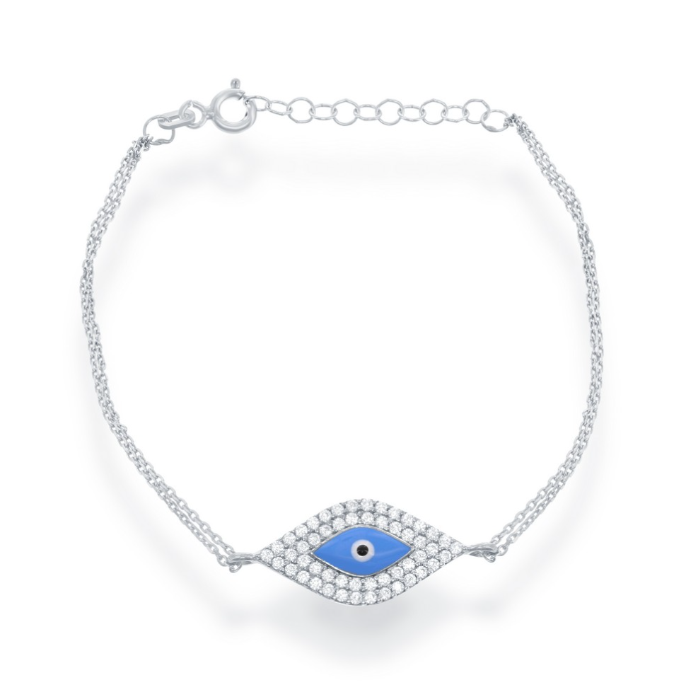 Sterling Silver Double-Strand Turquoise Enamel & CZ Evil Eye Bracelet