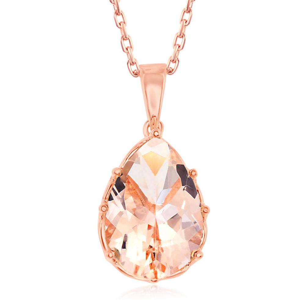 Sterling Silver 8-Prong Pear-Shaped Morganite CZ Pendant Rose Gold Plated