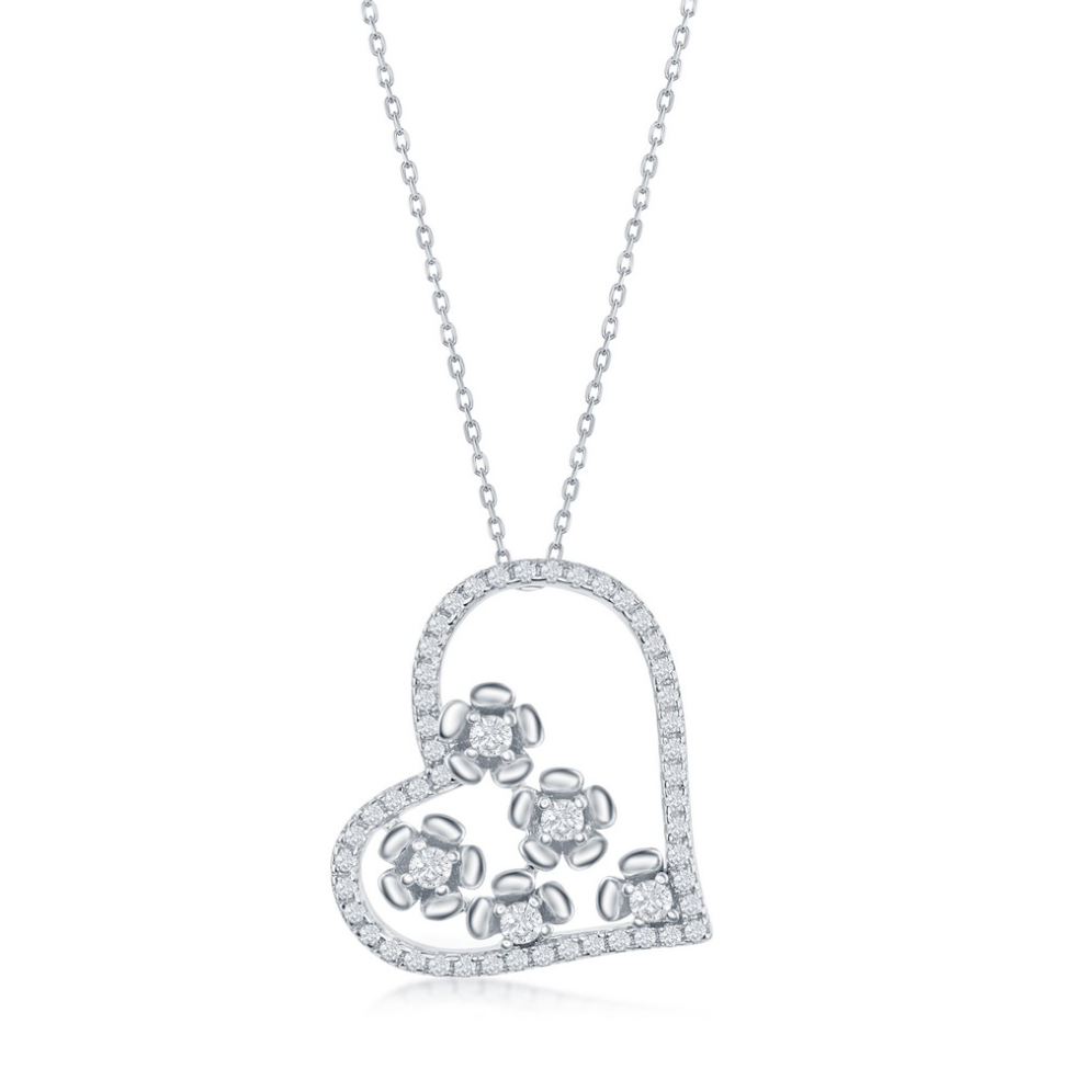 Sterling Silver CZ Heart & Flowers Necklace