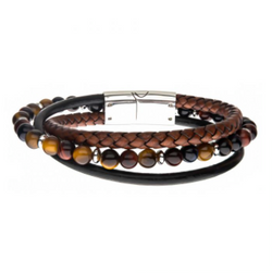 Tiger Eye Beads w/ Brown Braided and Black Leather Layered Bracelet