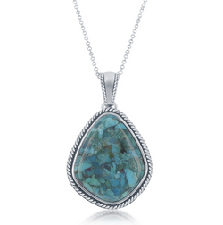 Sterling Silver Large Diamond-Shaped Turquoise Oxidized Rope Border Pendant w/ Chain