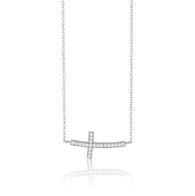 Sterling Silver CZ Rhodium Curved Sideways Cross Necklace