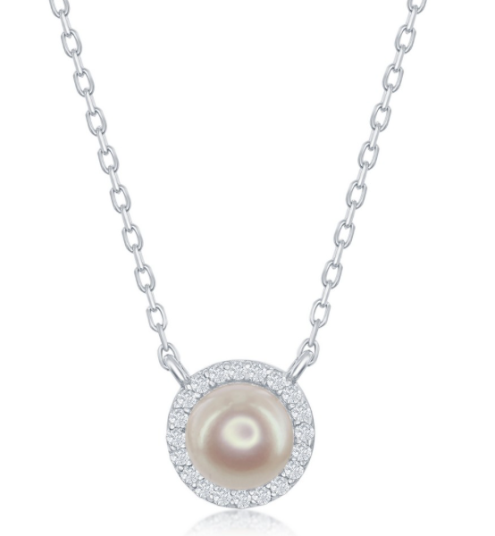 Sterling Silver Pearl with CZ Border Necklace