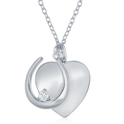 Sterling Silver Shiny Heart & Horseshoe with Single CZ Necklace