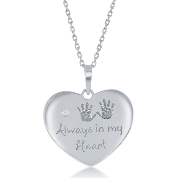 Sterling Silver Engraved Hand Prints 'Always in my Heart' Single CZ Heart Necklace