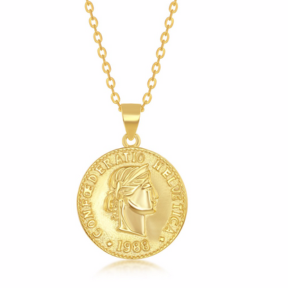 Sterling Silver Confoederatio Helvetica Coin-Style Necklace - Gold Plated