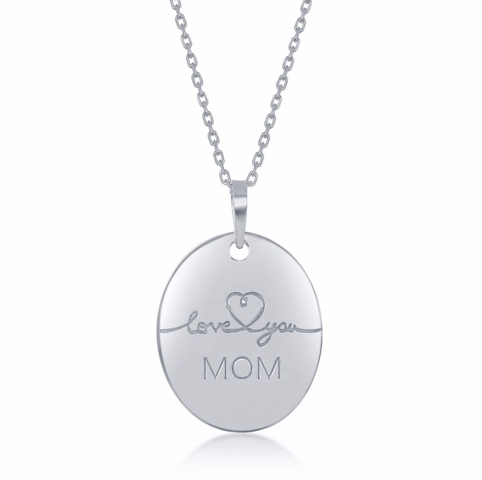 Sterling Silver Engraved 'Love You Mom' Oval Necklace