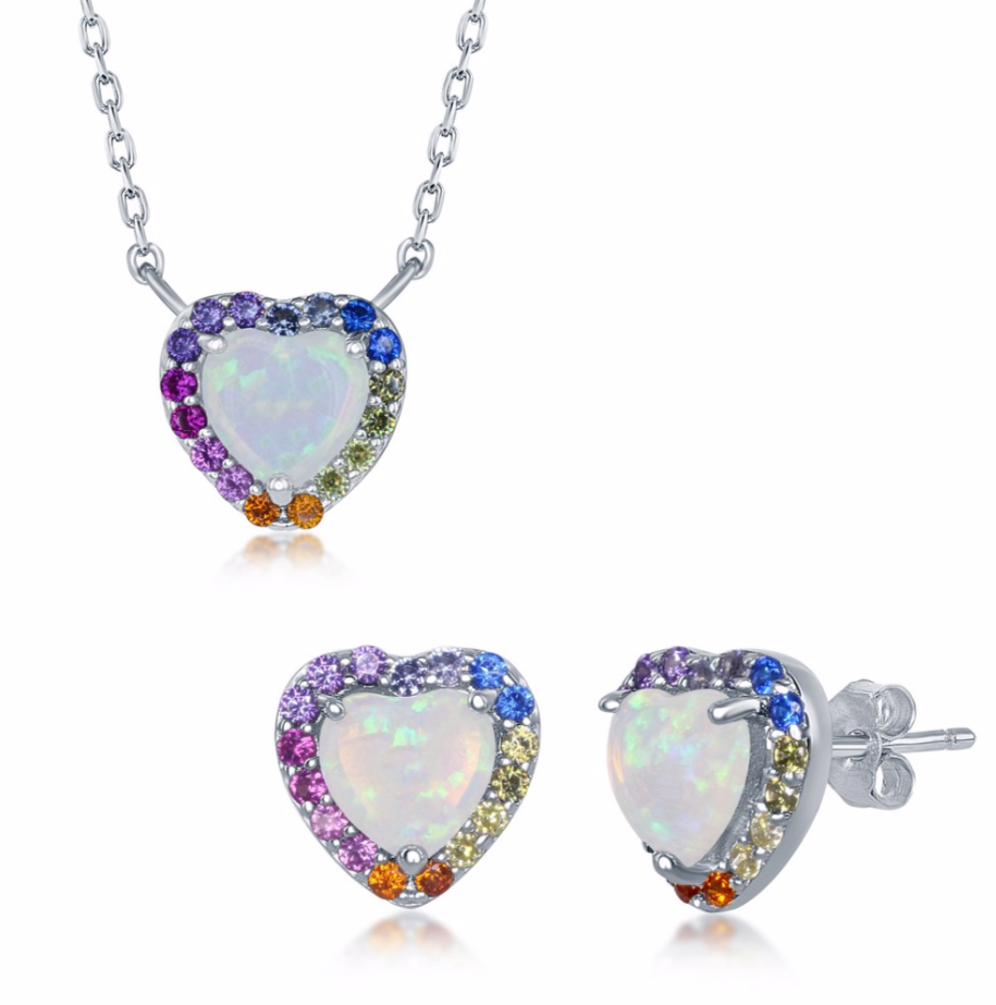 Sterling Silver White Opal Heart Rainbow CZ Necklace and Earrings Set