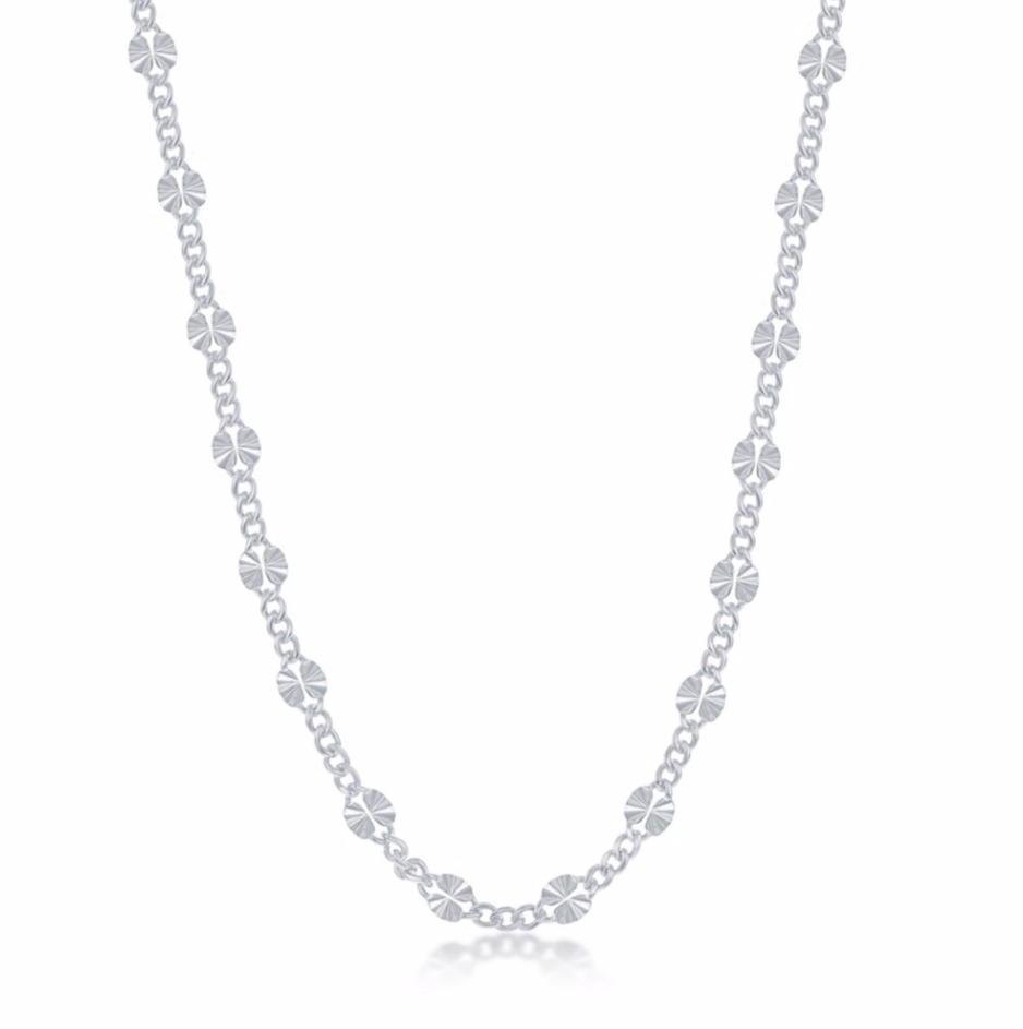 Sterling Silver Alternating Curb and Diamond-Cut Disc Chain - Rhodium Plated