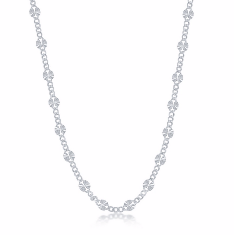 Sterling Silver Alternating Curb and Diamond-Cut Disc Chain - Rhodium Plated