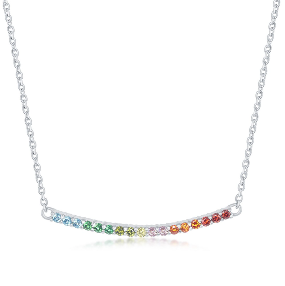 Sterling Silver Rainbow CZ Curved Bar Necklace
