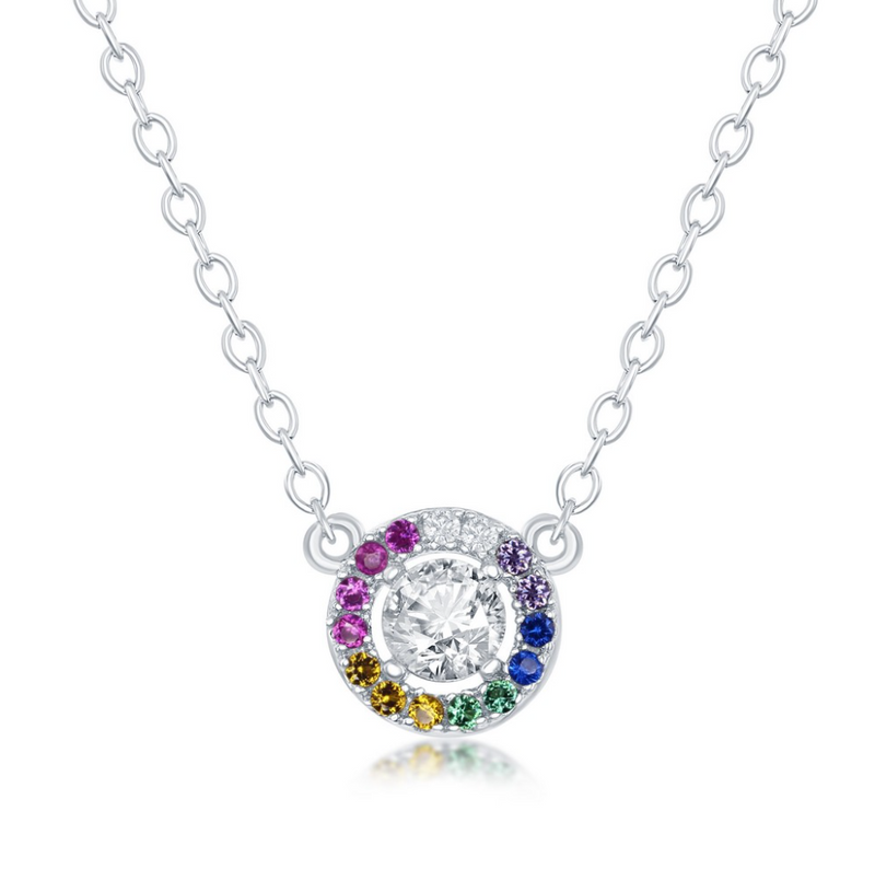Sterling Silver Center White CZ with Rainbow CZ Border Circle Necklace