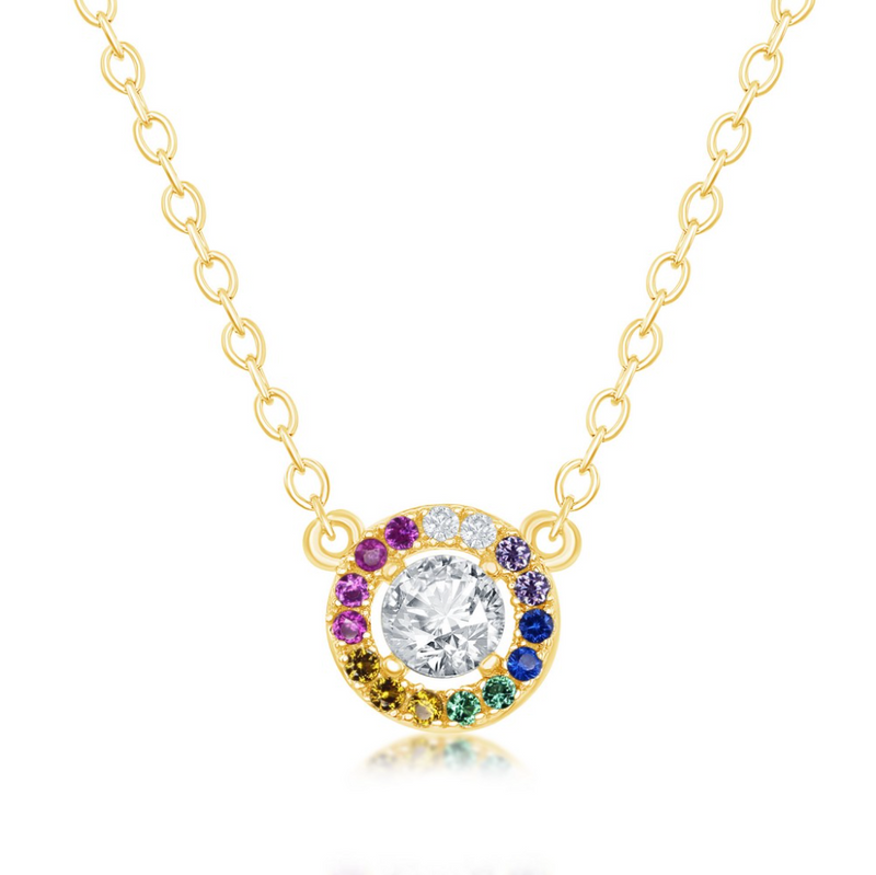 Sterling Silver Center White CZ with Rainbow CZ Border Circle Necklace