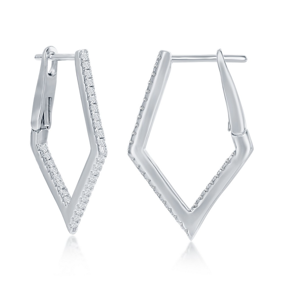 Sterling Silver Ultra-Thin 25mm Hoop CZ Earrings - Diamond-Shaped