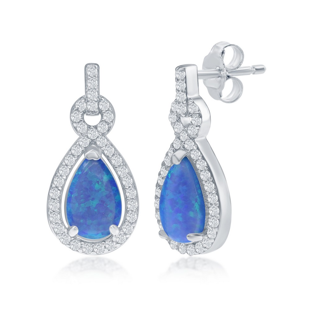 Sterling Silver Blue Opal Pearshaped with CZ Border Earrings