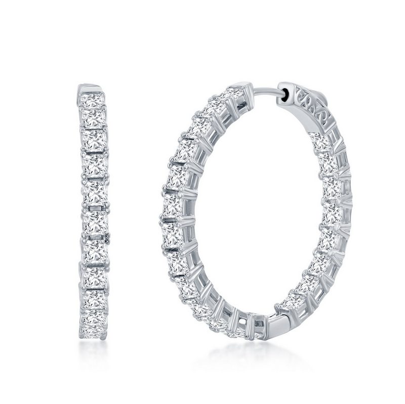 Sterling Silver, 3x35mm Square CZ, Inside-Outside Hoop Earrings