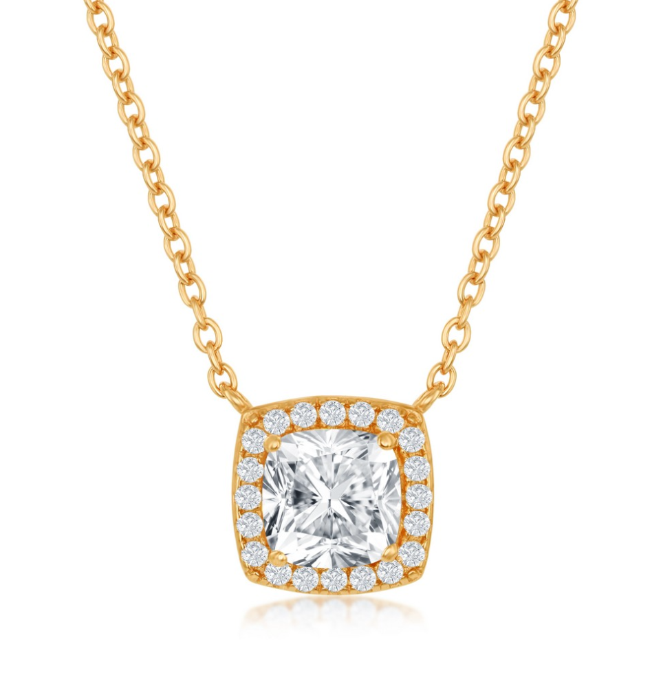 Sterling Silver Cushion-Cut with CZ Border Necklace - Gold Plated