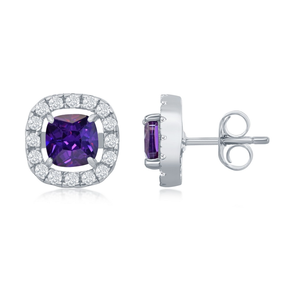 Sterling Silver White CZ Square Stud Earring - Amethyst
