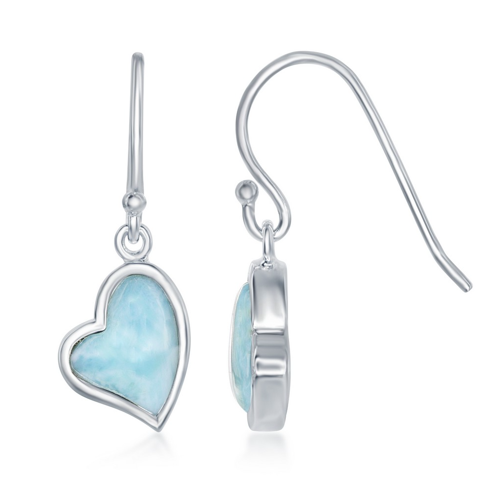 Sterling Silver Larimar Heart with Fish hook Dangling Earrings