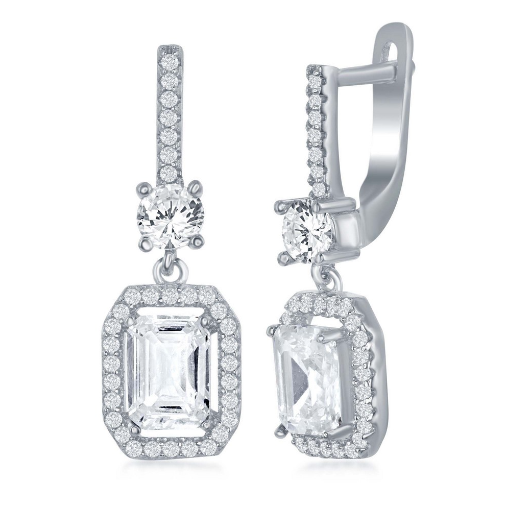 Sterling Silver Center Emerald-Cut  CZ with CZ Border Earrings