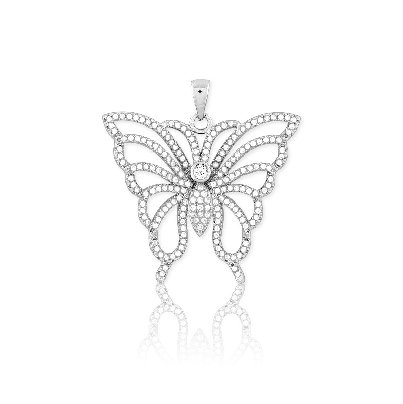 Sterling Silver Large Micro Pave Butterfly Pendant W/Chain