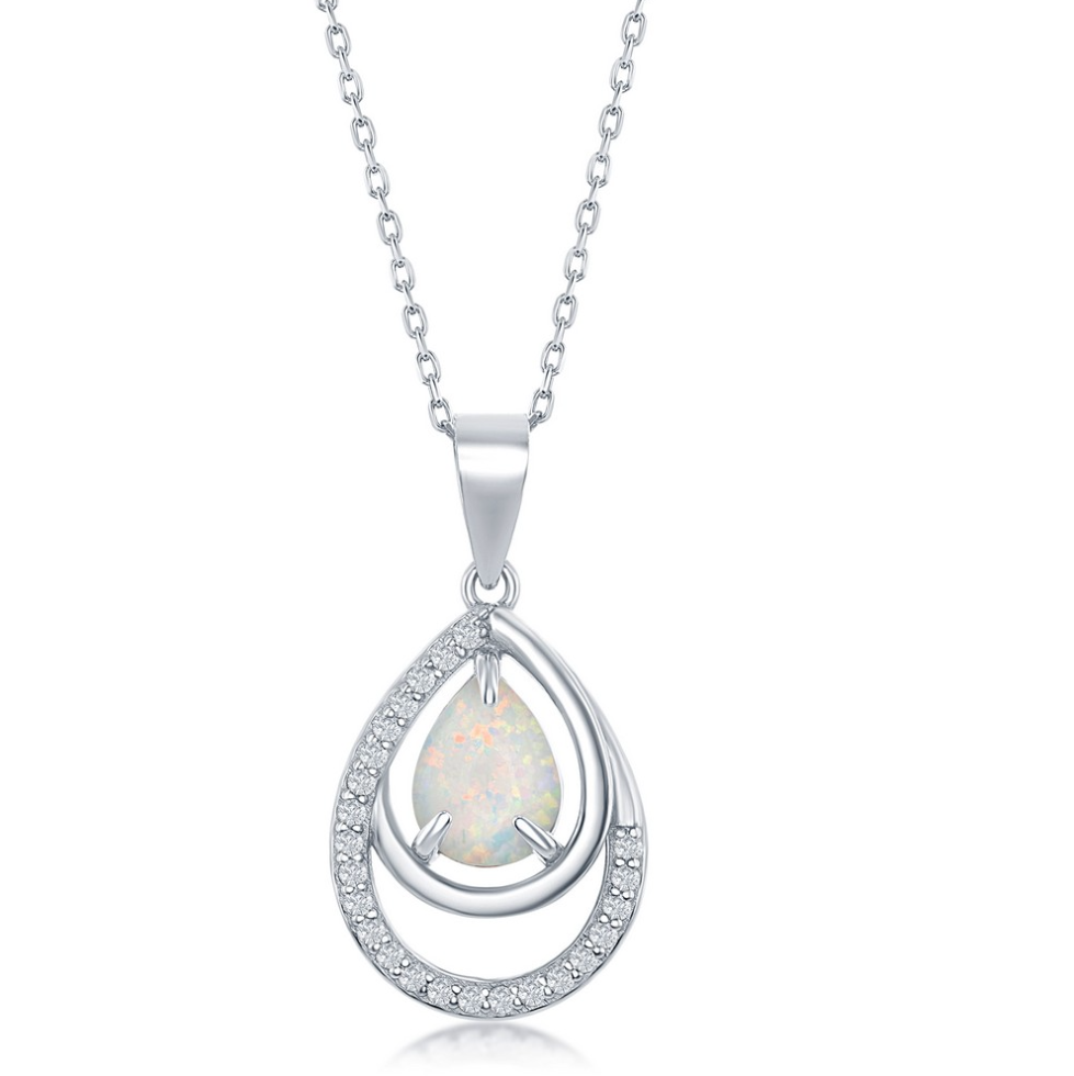 Sterling Silver CZ Double Pear-Shaped White Opal Pendant
