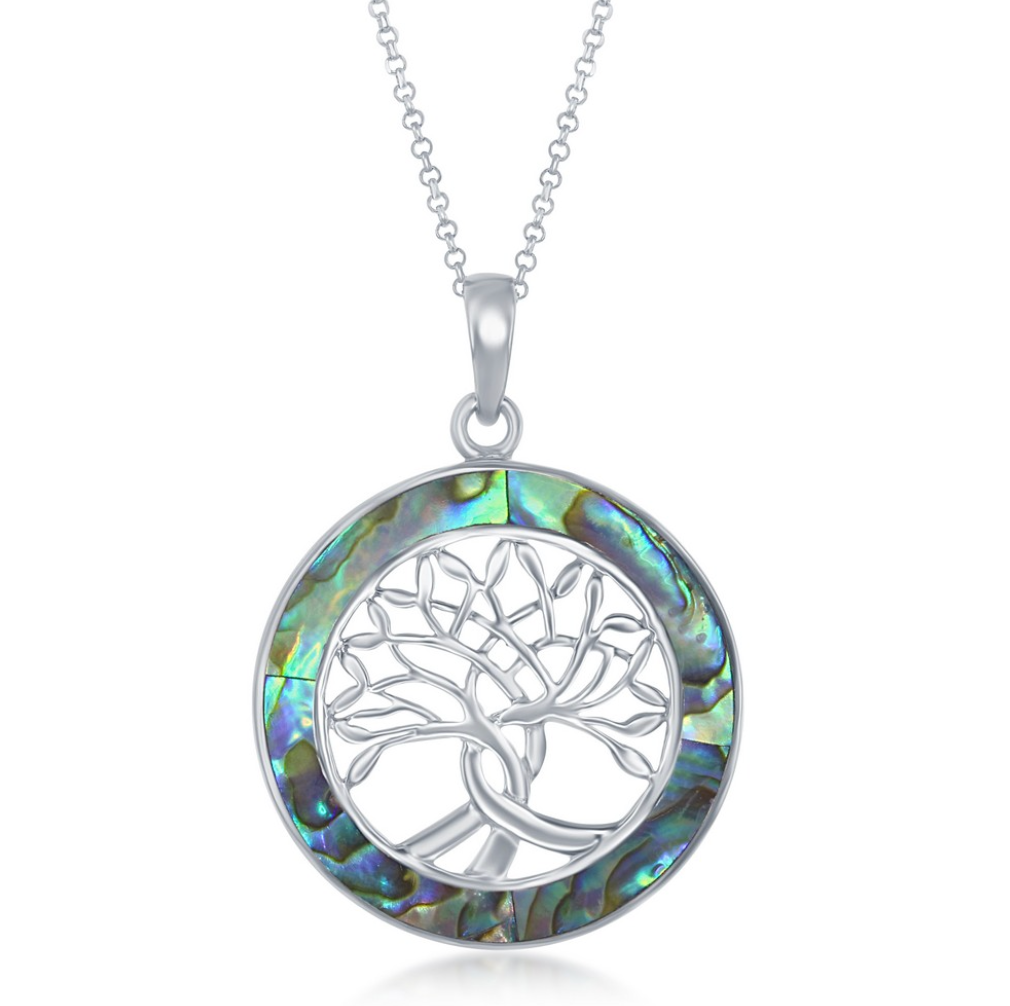 Sterling Silver Tree of Life Round Pendant W/Chain - Abalone